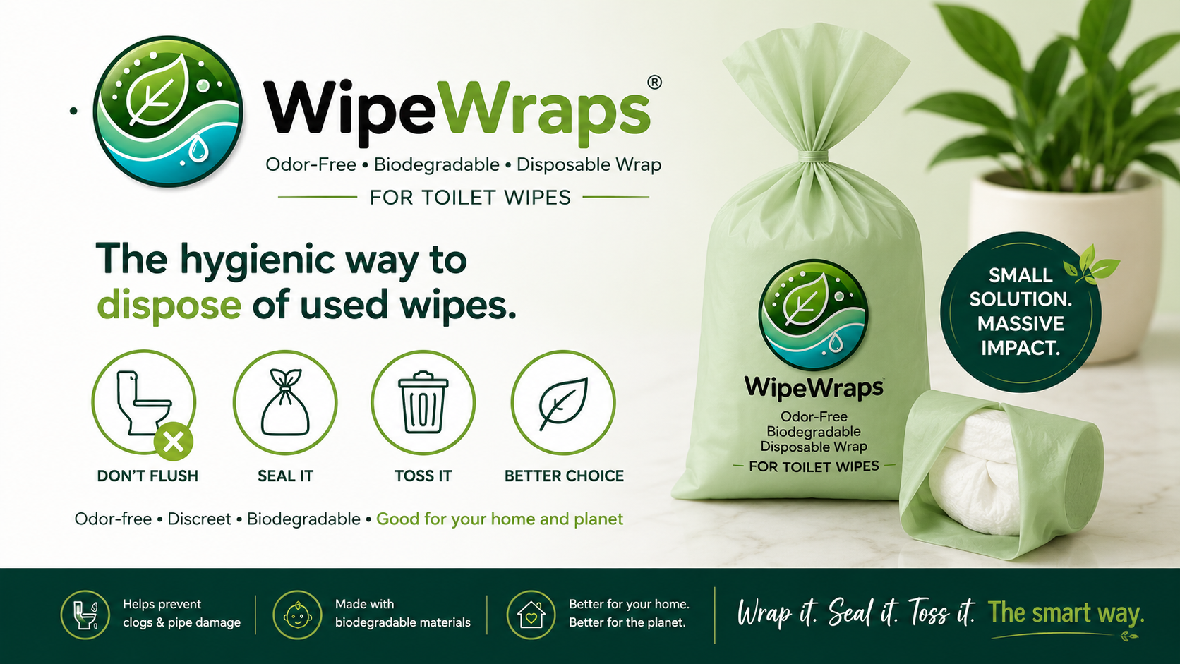 WipeWraps original product concept showing the branded disposal pouch and the wrap, seal, and toss process